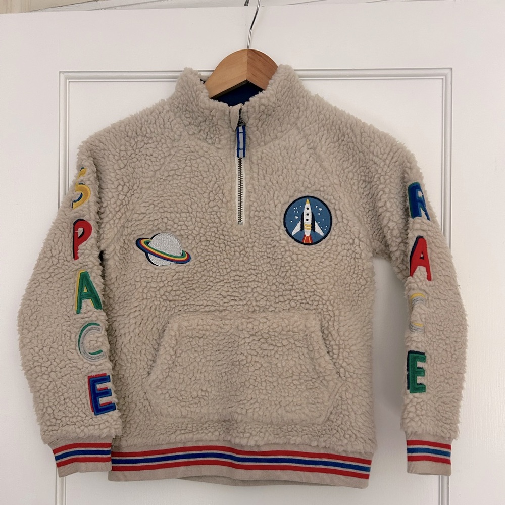 Mini Boden  Sherpa Pullover 1/4 Zip Fleece with Adorable Space Patches, 8-9 yrs